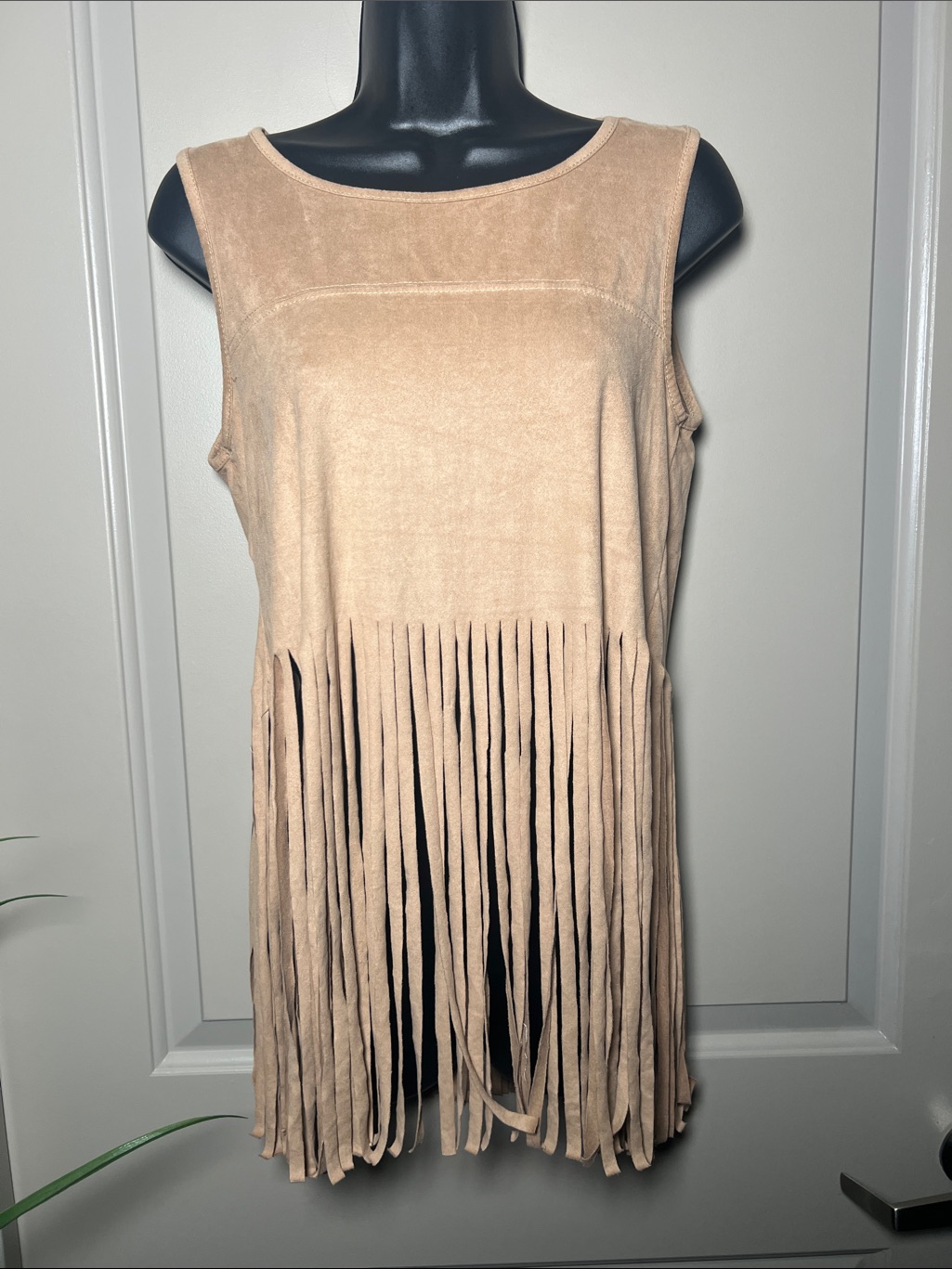 Fringe Suede-Look Tank Top In Beige